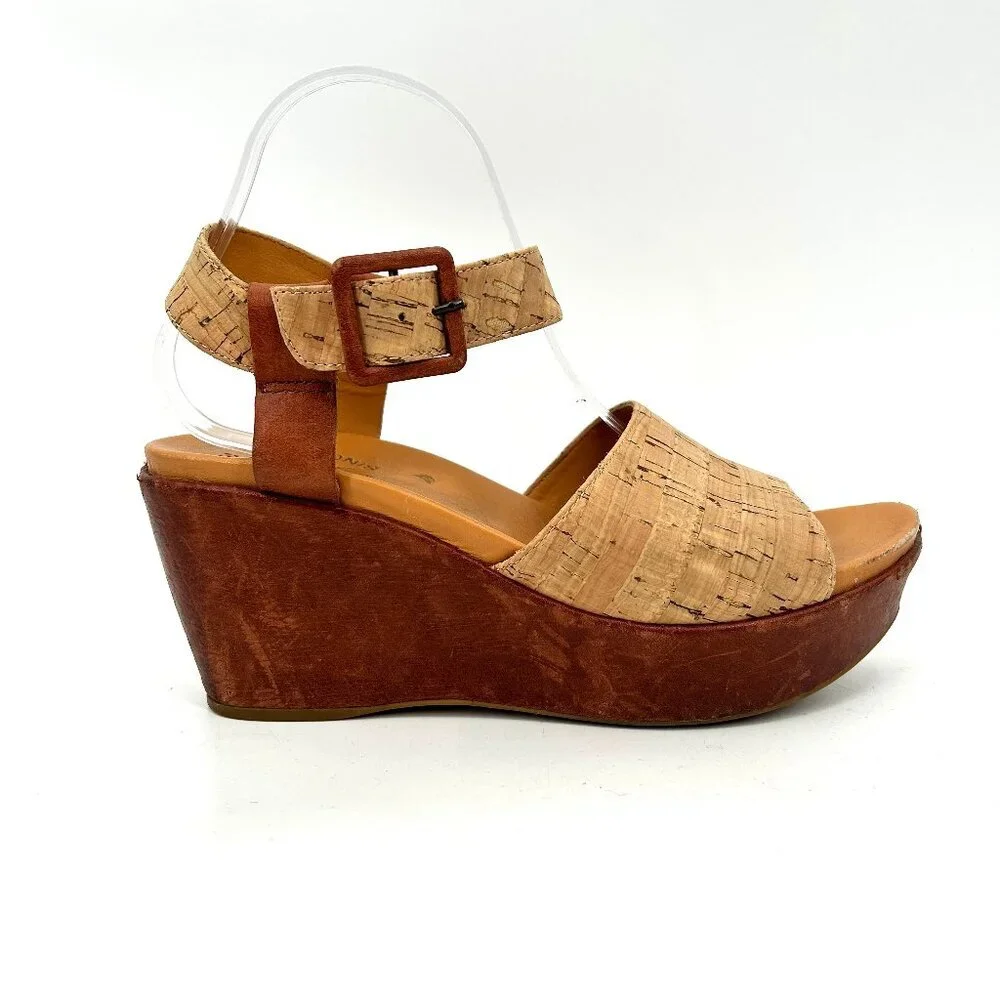 KORK-EASE Keirn Tan Brown Cork Leather Platform Wedge Sandals Shoes Size 9